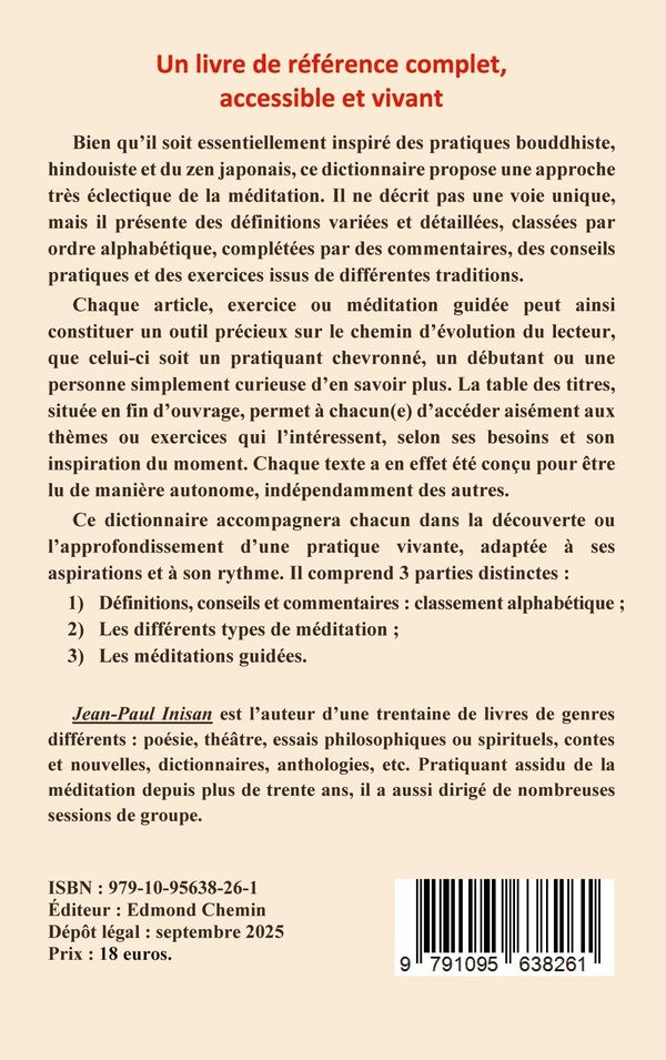 Quatrième de couverture de « Dictionnaire pratique et réflexif de la méditation : définitions, exercices, conseils pratiques »