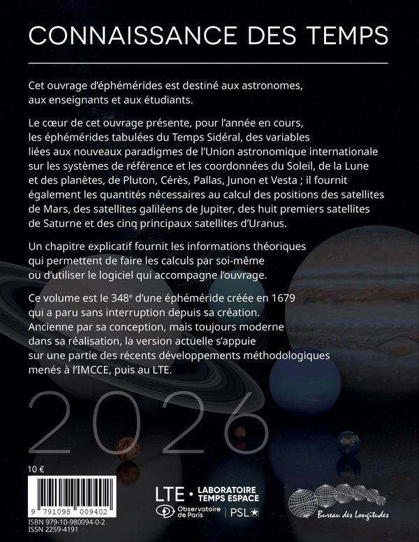 Quatrième de couverture de « CONNAISSANCE DES TEMPS 2026 - EPHEMERIDES ASTRONOMIQUES - ILLUSTRATIONS, COULEUR »